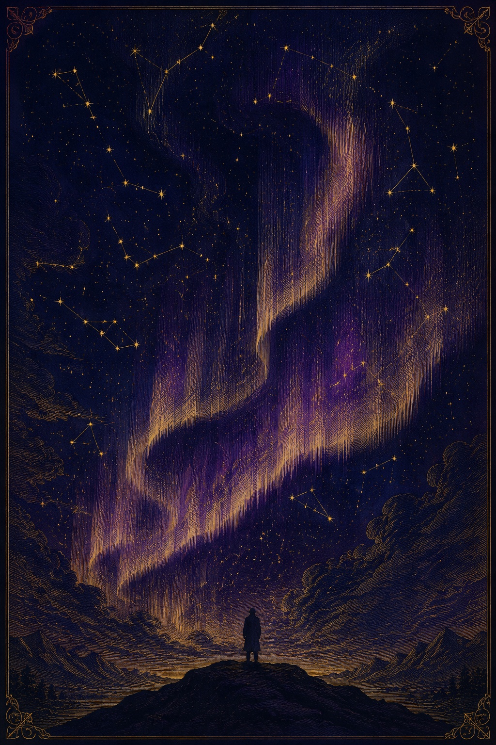 A lone figure beneath a golden aurora